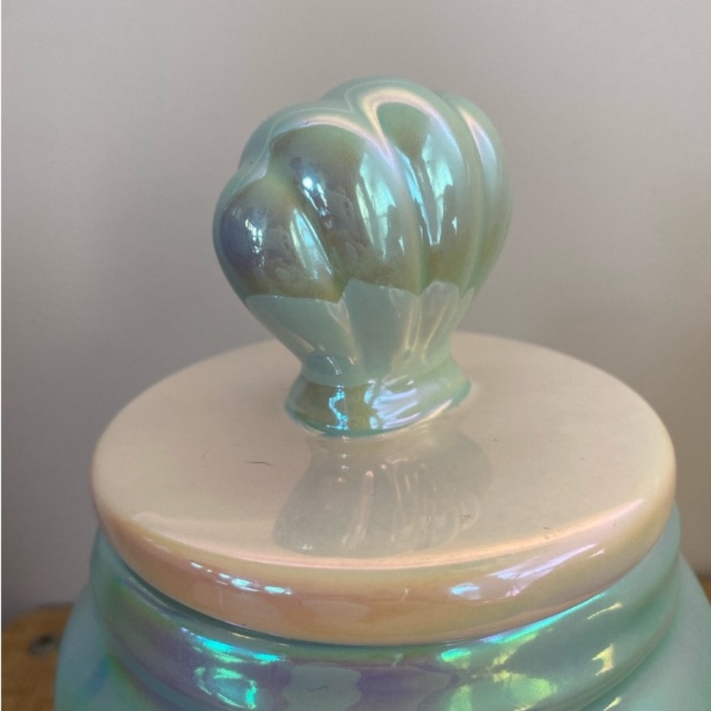 Rae Dunn "Hello Summer" iridescent blue ceramic canister with a seashell lid. - Picture 5 of 5